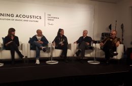 (From left) Caiti Green, Doc McKinney, Gina Gleason, Andy Mooney and Matt Sweeney discuss how the guitar has shaped music and culture at Fender’s launch event for its new California Series acoustic guitars.